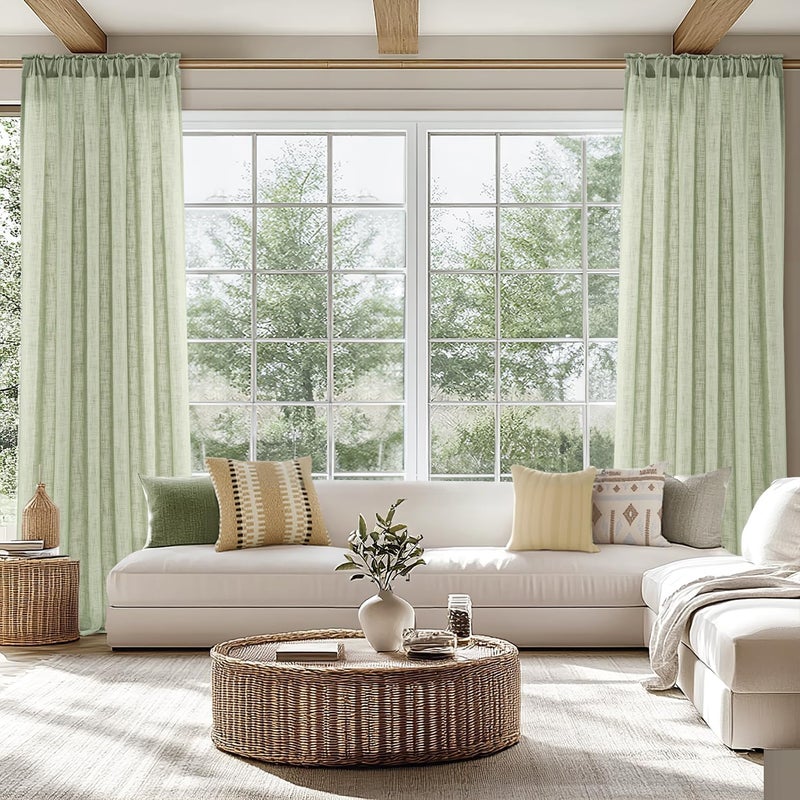 MIULEE Sage Green Linen Curtains 90 Inch Length 2 Panels Set for Living Room Bedroom Semi Sheer Light Filtering Farmhouse Rod Pocket Long Soft Thick Linen Textured Window Drapes W42XL90 - Image 2